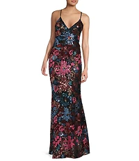 Midnight Doll Floral Sequin V-Neck Lace-Up Back Long Dress