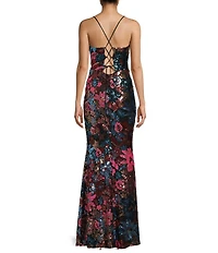 Midnight Doll Floral Sequin V-Neck Lace-Up Back Long Dress