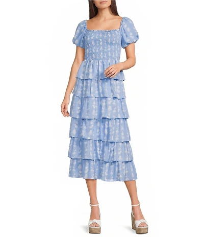 Midnight Doll Floral Square Neck Short Puff Sleeve Ruffle Tiered Midi Dress