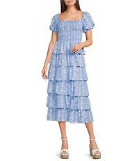 Midnight Doll Floral Square Neck Short Puff Sleeve Ruffle Tiered Midi Dress