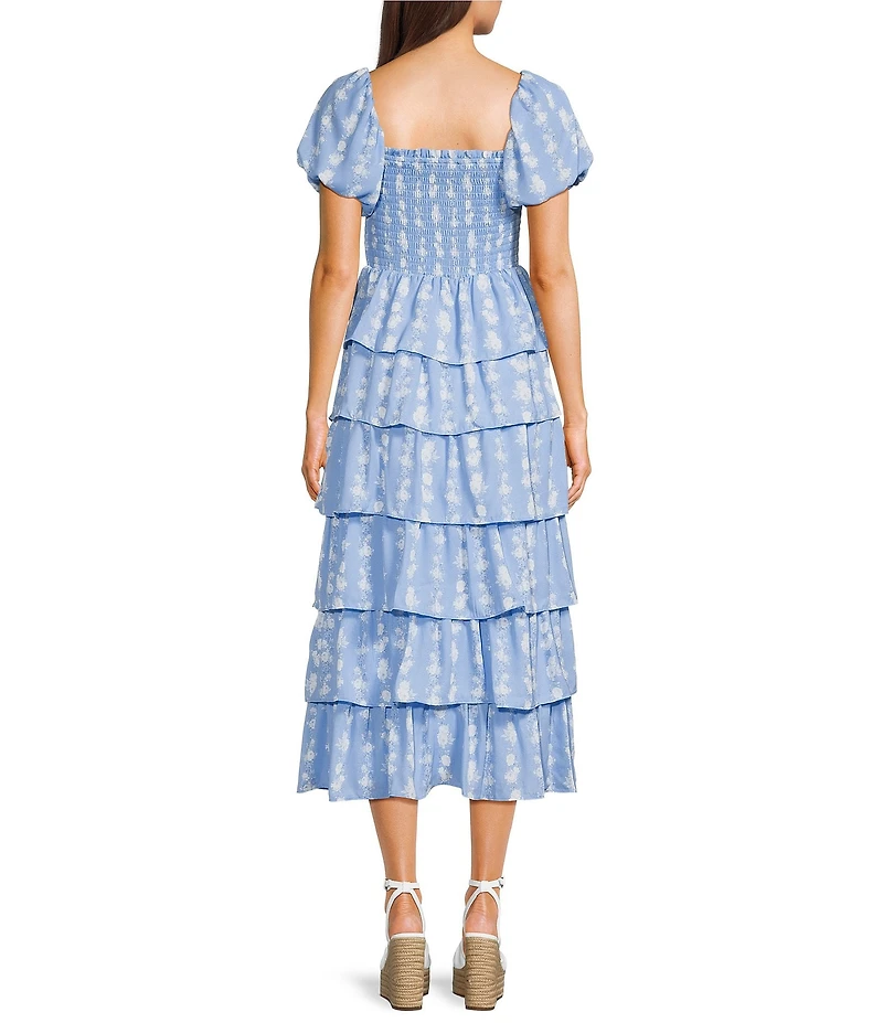 Midnight Doll Floral Square Neck Short Puff Sleeve Ruffle Tiered Midi Dress