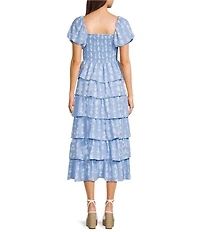Midnight Doll Floral Square Neck Short Puff Sleeve Ruffle Tiered Midi Dress