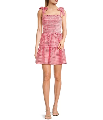 Midnight Doll Gingham Square Neck Tie Shoulder Smocked Bodice Mini Dress