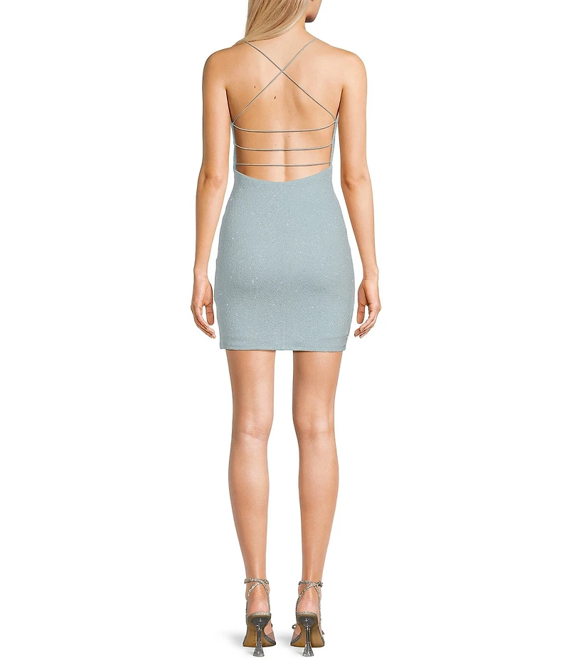 Midnight Doll Glitter Knit Spaghetti Strap Square Neck Tulip Hem Back Detail Dress