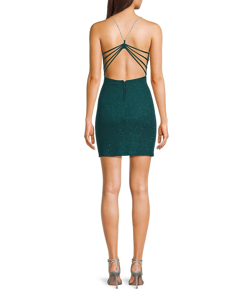 Midnight Doll Glitter Knit V-Neck Rhinestone Strap Side Slit Mini Dress