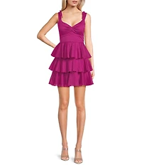 Midnight Doll Glitter Matte Jersey Pleated V-Neck Ruffle Tiered Dress