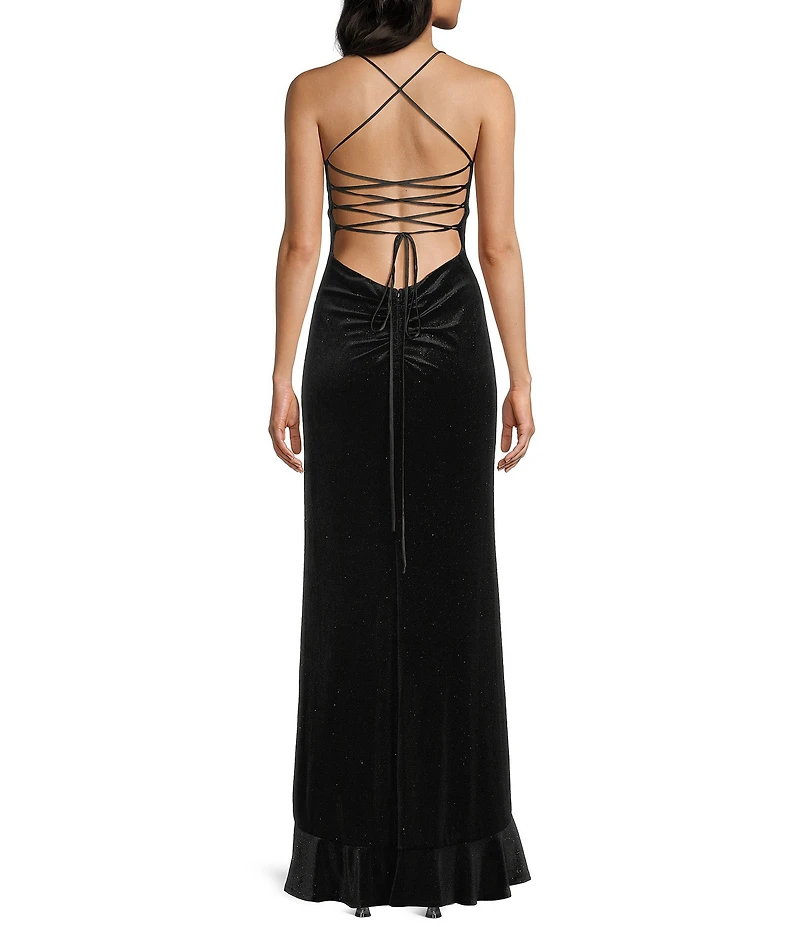 Midnight Doll Glitter Velvet Rhinestone Bow V-Neck Ruffle Front Slit Dress