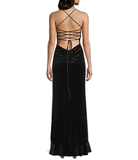 Midnight Doll Glitter Velvet Rhinestone Bow V-Neck Ruffle Front Slit Dress