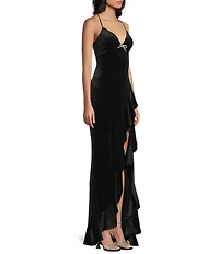 Midnight Doll Glitter Velvet Rhinestone Bow V-Neck Ruffle Front Slit Dress