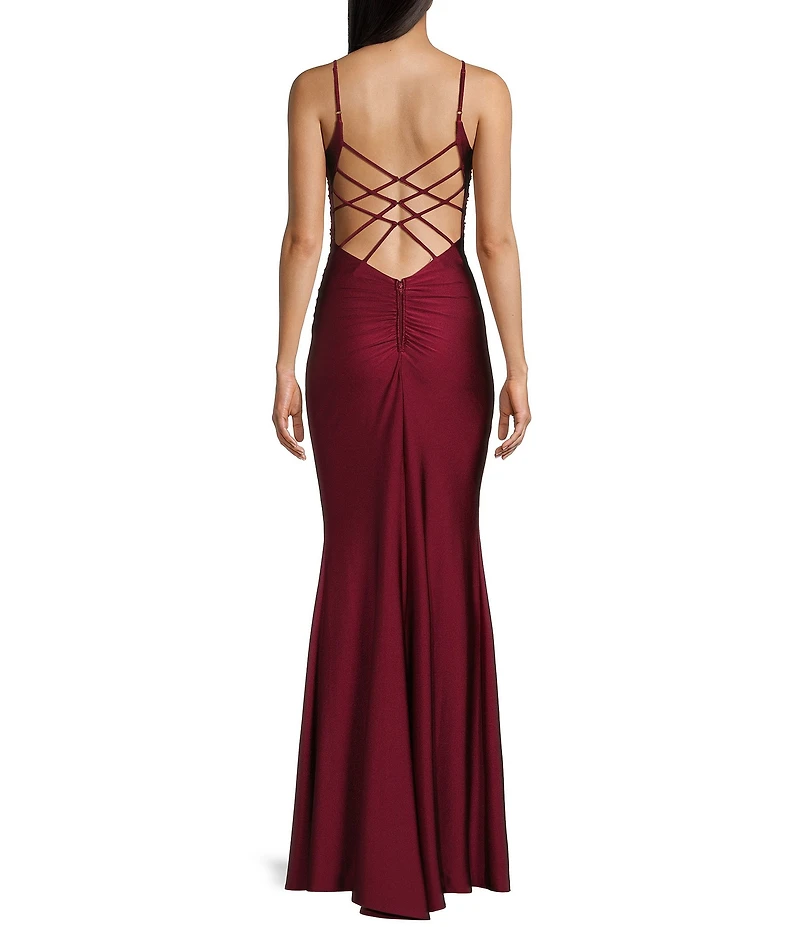 Midnight Doll Jersey Knit Satin Scoop Spaghetti Strap Strappy Back Dress