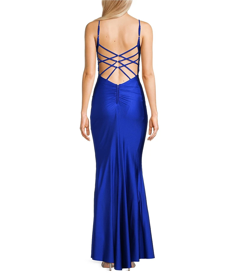 Midnight Doll Jersey Knit Satin Scoop Spaghetti Strap Strappy Back Dress