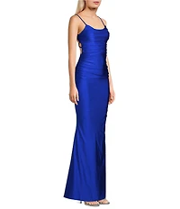 Midnight Doll Jersey Knit Satin Scoop Spaghetti Strap Strappy Back Dress