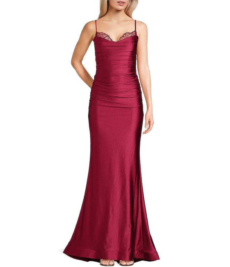 Midnight Doll Jersey Knit Satin Sweetheart Scalloped Embroidered Lace Neck Dress