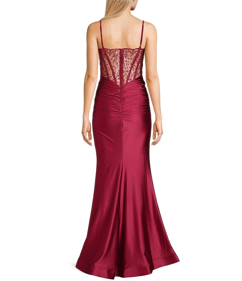 Midnight Doll Jersey Knit Satin Sweetheart Scalloped Embroidered Lace Neck Dress