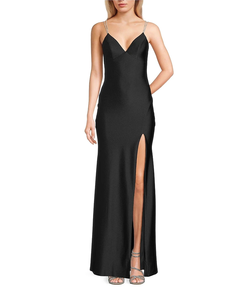 Midnight Doll Jersey Knit Satin V-Neck Rhinestone Strap Lace Up Back Side Slit Long Dress