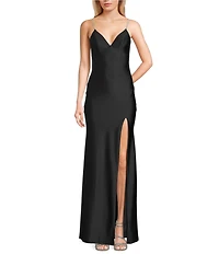 Midnight Doll Jersey Knit Satin V-Neck Rhinestone Strap Lace Up Back Side Slit Long Dress