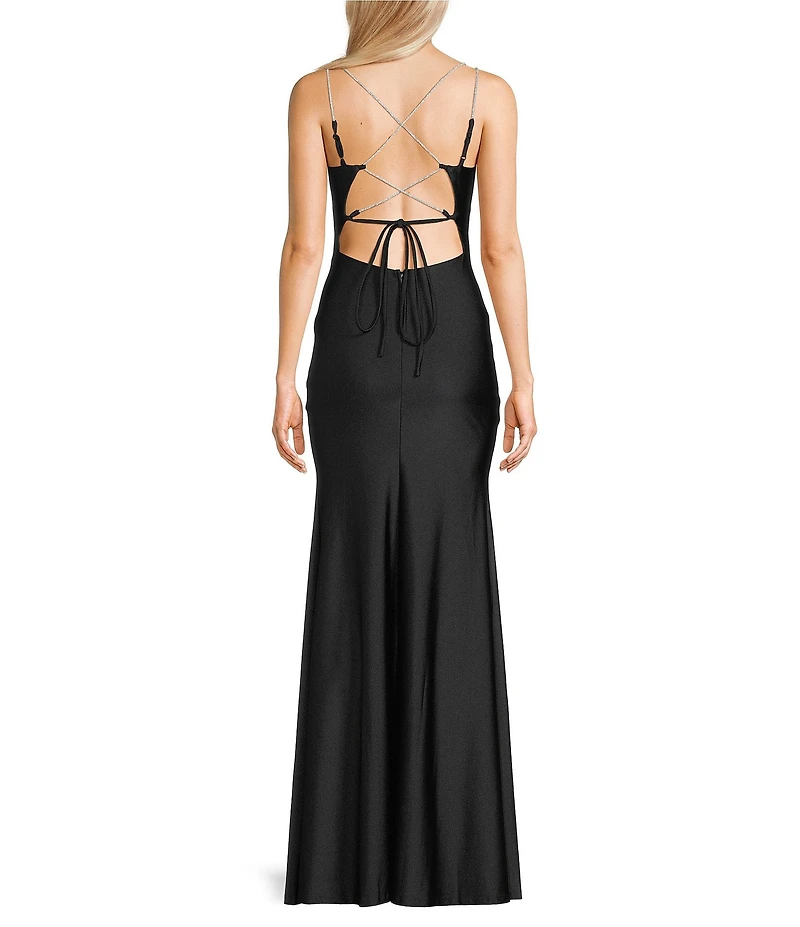 Midnight Doll Jersey Knit Satin V-Neck Rhinestone Strap Lace Up Back Side Slit Long Dress