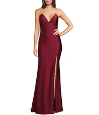 Midnight Doll Jersey Knit Satin V-Neck Rhinestone Strap Lace Up Back Side Slit Long Dress