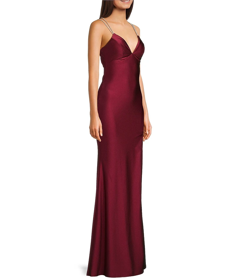 Midnight Doll Jersey Knit Satin V-Neck Rhinestone Strap Lace Up Back Side Slit Long Dress