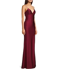 Midnight Doll Jersey Knit Satin V-Neck Rhinestone Strap Lace Up Back Side Slit Long Dress