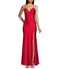 Midnight Doll Jersey Knit Satin V-Neck Rhinestone Strap Lace Up Back Side Slit Long Dress