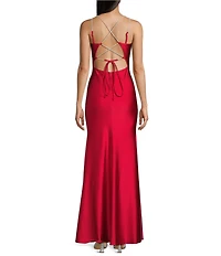 Midnight Doll Jersey Knit Satin V-Neck Rhinestone Strap Lace Up Back Side Slit Long Dress