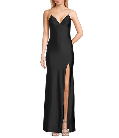 Midnight Doll Jersey Knit Satin V-Neck Rhinestone Strap Lace Up Back Side Slit Long Dress