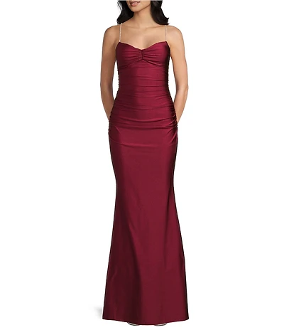 Midnight Doll Jersey Knit Satin V-Neck Sleeveless Rhinestone Strap Lace Up Back Side Slit Dress