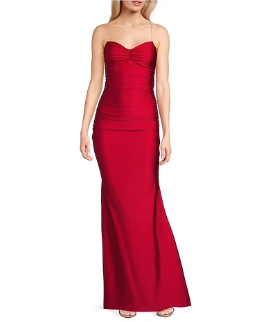 Midnight Doll Jersey Knit Satin V-Neck Sleeveless Rhinestone Strap Lace Up Back Side Slit Dress