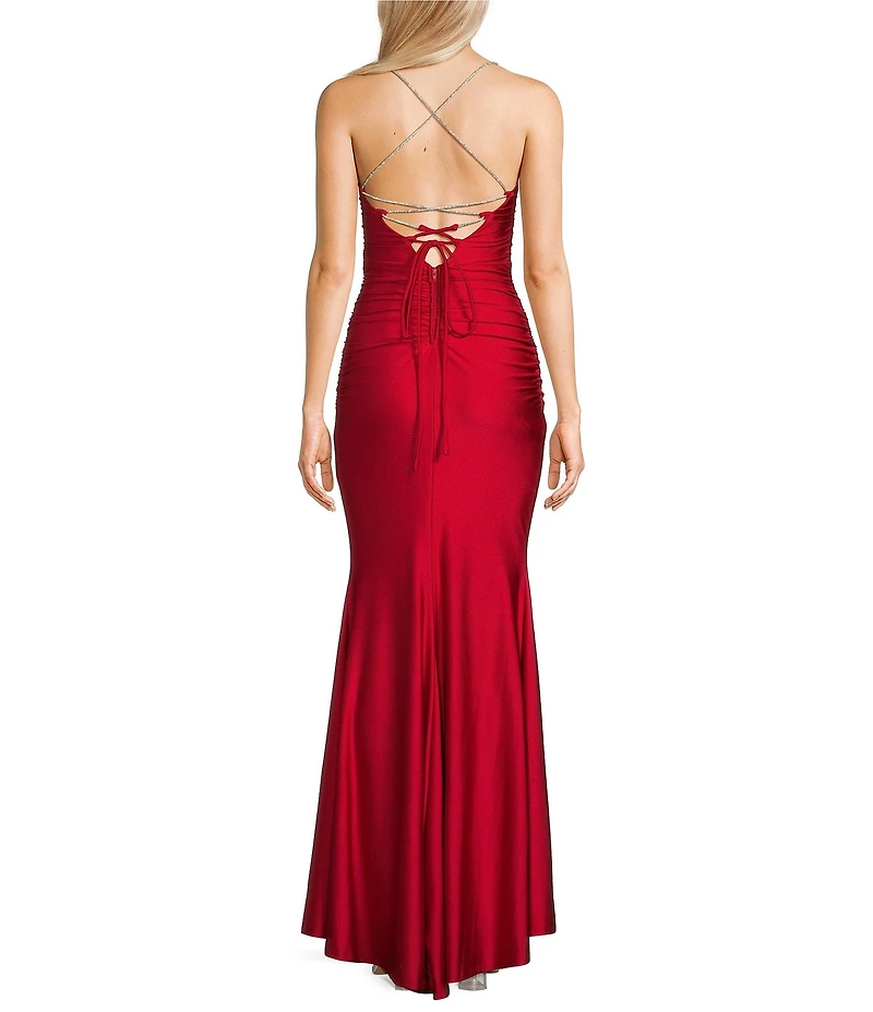Midnight Doll Jersey Knit Satin V-Neck Sleeveless Rhinestone Strap Lace Up Back Side Slit Dress