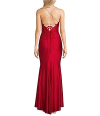 Midnight Doll Jersey Knit Satin V-Neck Sleeveless Rhinestone Strap Lace Up Back Side Slit Dress