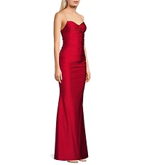 Midnight Doll Jersey Knit Satin V-Neck Sleeveless Rhinestone Strap Lace Up Back Side Slit Dress