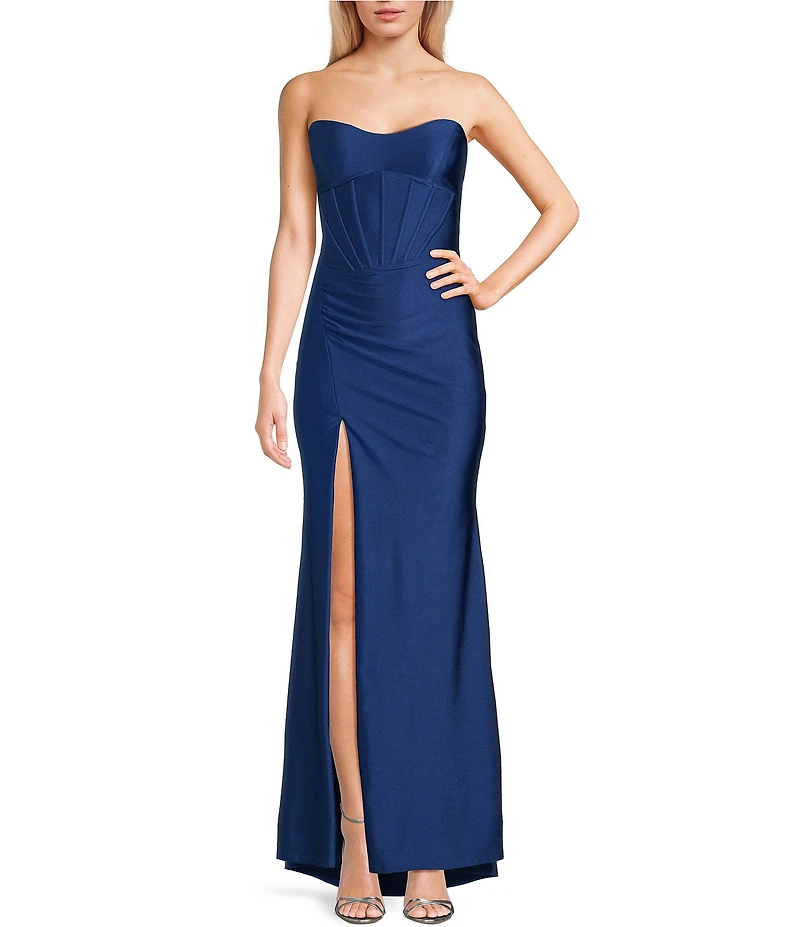 Midnight Doll Jersey Satin Knit Strapless Corseted Dress