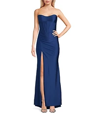 Midnight Doll Jersey Satin Knit Strapless Corseted Dress