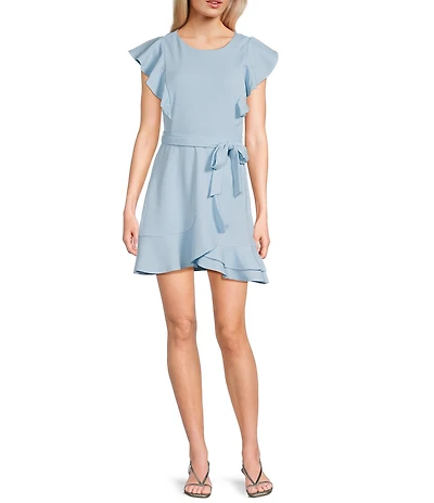 Midnight Doll Crew Neck Flutter Sleeve Tie Waist Ruffled Flounce Mini Dress