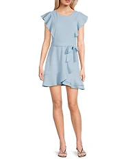 Midnight Doll Crew Neck Flutter Sleeve Tie Waist Ruffled Flounce Mini Dress