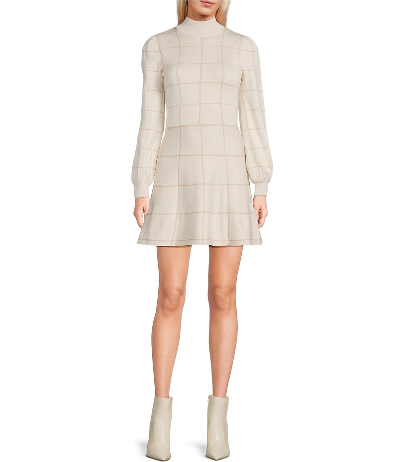 Midnight Doll Lurex Grid Plaid Long Sleeve Puff Mock Neck Dress