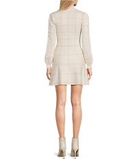 Midnight Doll Lurex Grid Plaid Long Sleeve Puff Mock Neck Dress