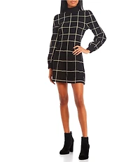Midnight Doll Lurex Grid Plaid Long Sleeve Puff Mock Neck Dress
