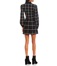 Midnight Doll Lurex Grid Plaid Long Sleeve Puff Mock Neck Dress