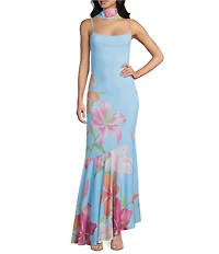 Midnight Doll Mesh Floral Printed Scarf Asymmetrical Maxi Dress