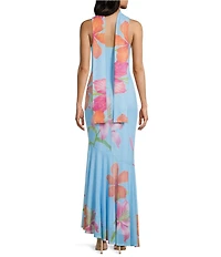 Midnight Doll Mesh Floral Printed Scarf Asymmetrical Maxi Dress