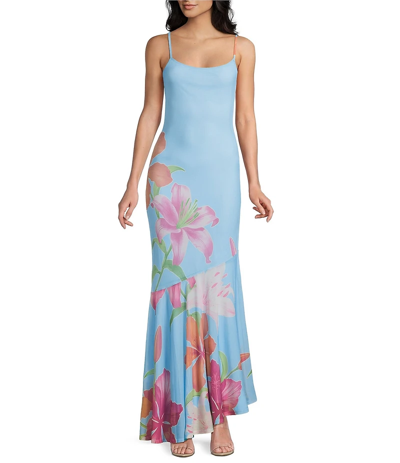 Midnight Doll Mesh Floral Printed Scarf Asymmetrical Maxi Dress