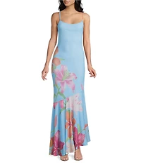 Midnight Doll Mesh Floral Printed Scarf Asymmetrical Maxi Dress