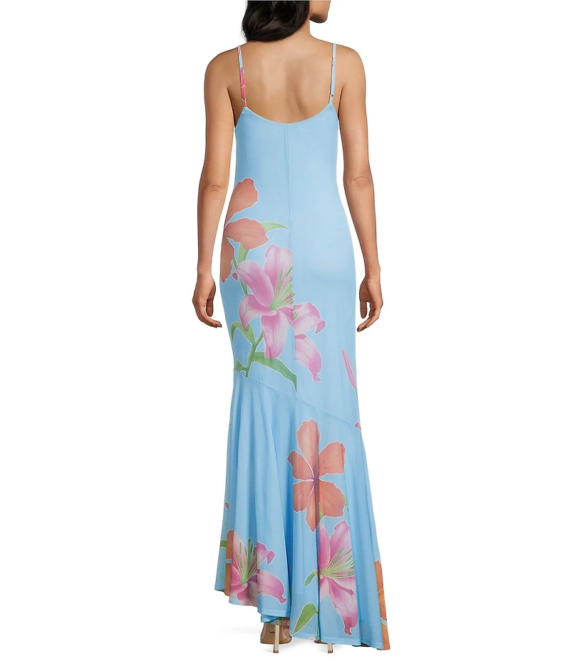 Midnight Doll Mesh Floral Printed Scarf Asymmetrical Maxi Dress