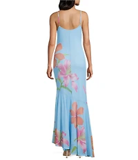 Midnight Doll Mesh Floral Printed Scarf Asymmetrical Maxi Dress