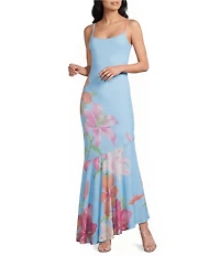 Midnight Doll Mesh Floral Printed Scarf Asymmetrical Maxi Dress