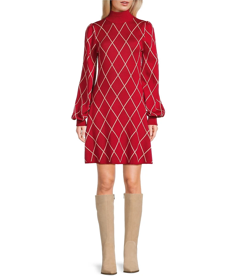 Midnight Doll Metallic Knit Windowpane Plaid High Neck Long Sleeve Sweater Dress