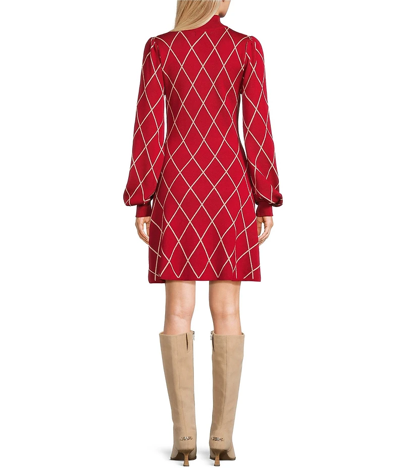 Midnight Doll Metallic Knit Windowpane Plaid High Neck Long Sleeve Sweater Dress