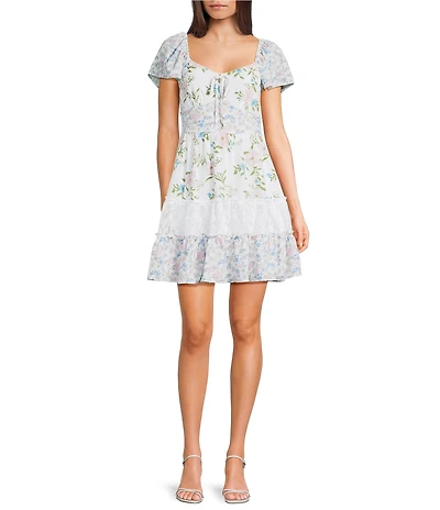 Midnight Doll Mixed Floral Printed Lace Flutter Sleeve Tiered Dress